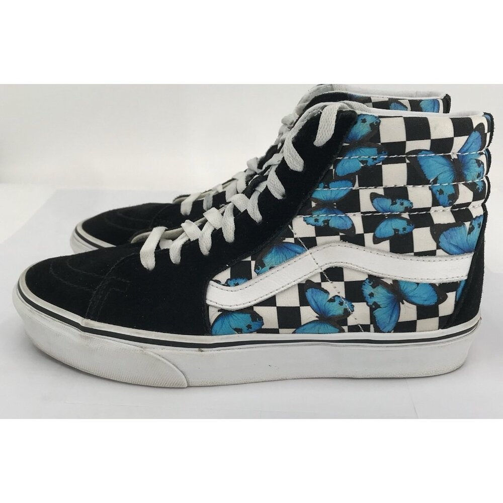 VANS SK8-HI Shoes Womens Size 9 Blue Butterflies Checkered Suede Canvas Sneakers